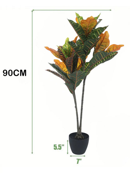 Artificial Croton Plant with Basic Black Pot – 3 Feet Tall -Green/Red