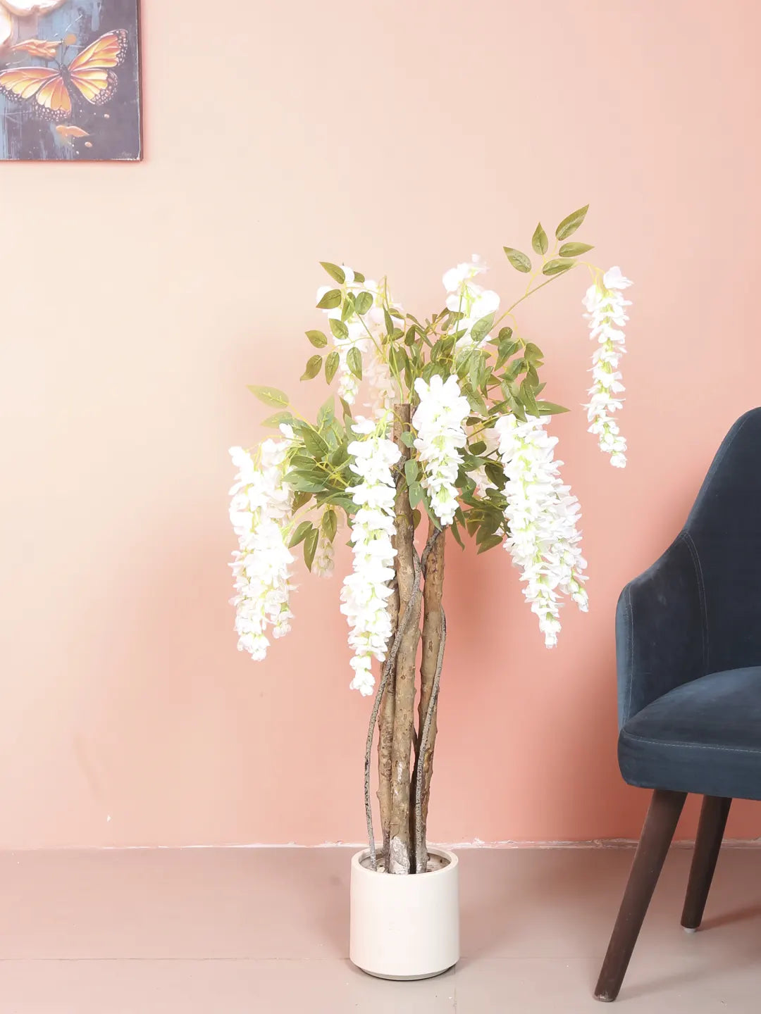 Artificial Wisteria Orchid Flowers Plants For with Basic Black Pot- 4 Feet - White