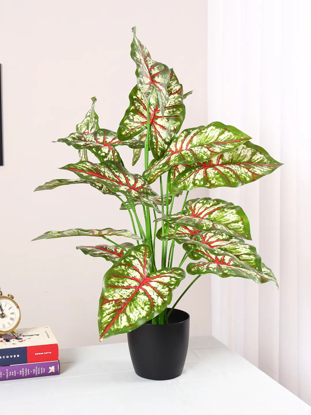 Artificial Caladium Leaf Plants for with Pot (18 Leaves, 65 cm Tall. Green/Red)