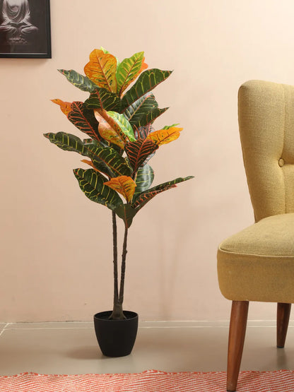 Artificial Croton Plant with Basic Black Pot – 3 Feet Tall -Green/Red