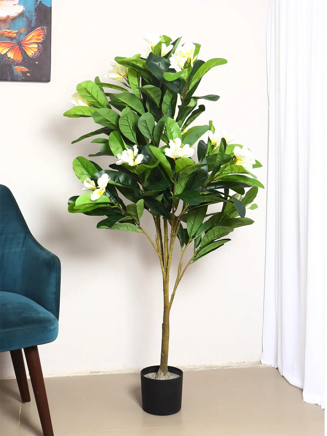 Artificial Frangipani Bloom Plant with Basic Black Pot - 4.5 Feet Green/White