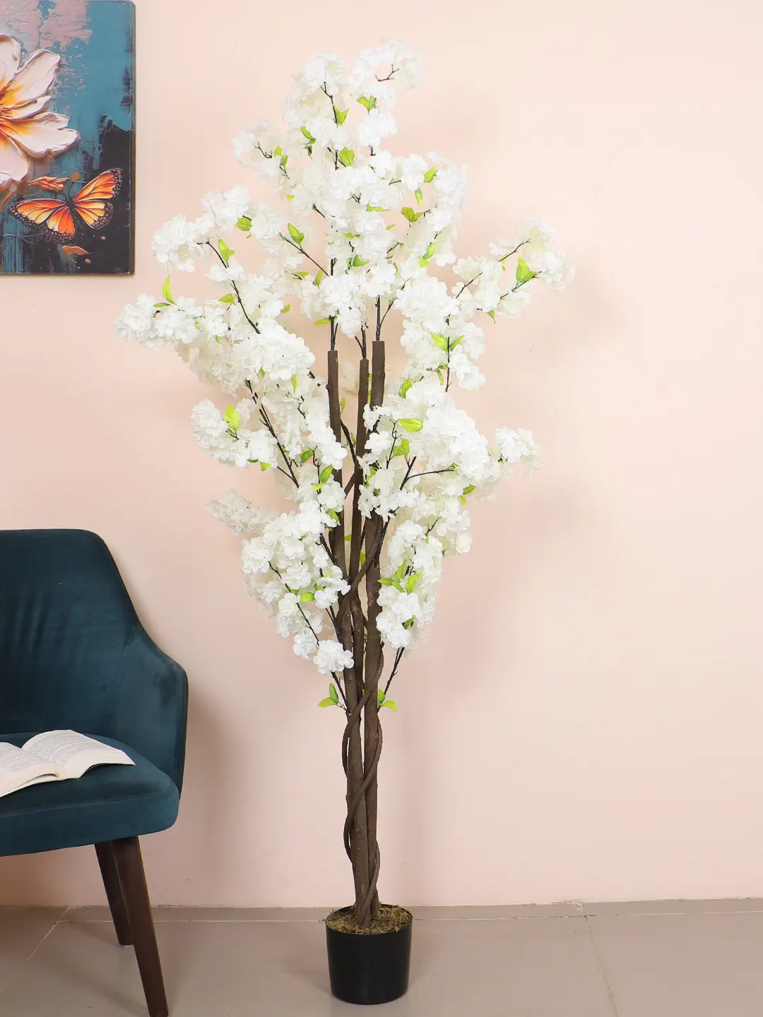 Artificial Pink Peach Blossom Flowers Plant For with Basic Black Pot- 5.5 Feet - White