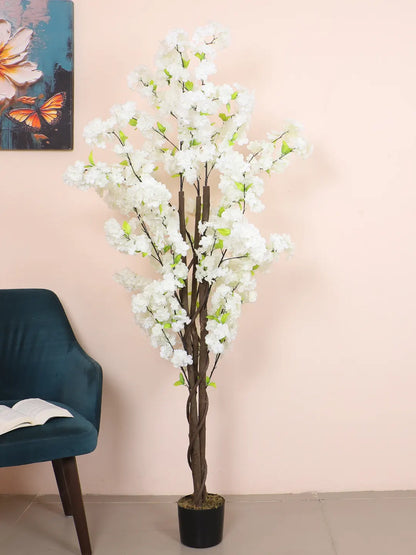 Artificial Pink Peach Blossom Flowers Plant For with Basic Black Pot- 5.5 Feet - White