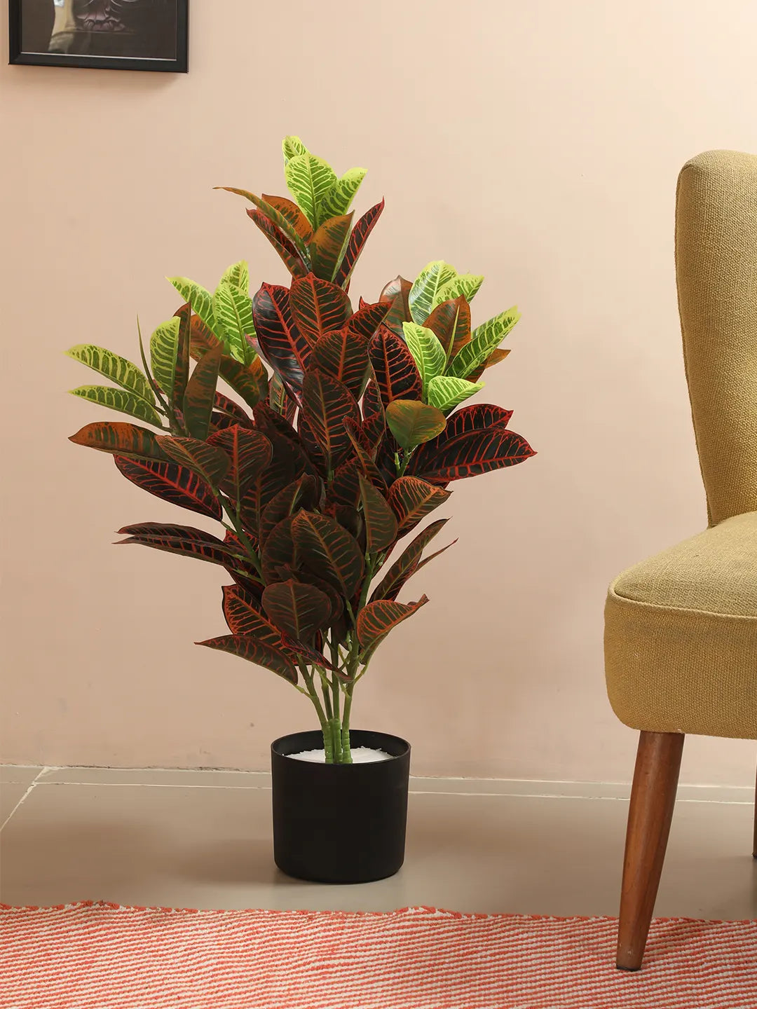 Artificial Croton Plant with Basic Black Pot (85 cm Tall, 104 Light Green Leaves)