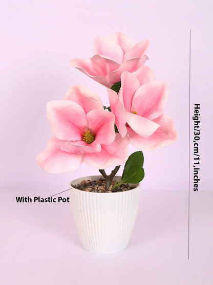 Artificial Real Touch Magnolia Flower With Pot (30 cm Tall, Light/Pink)
