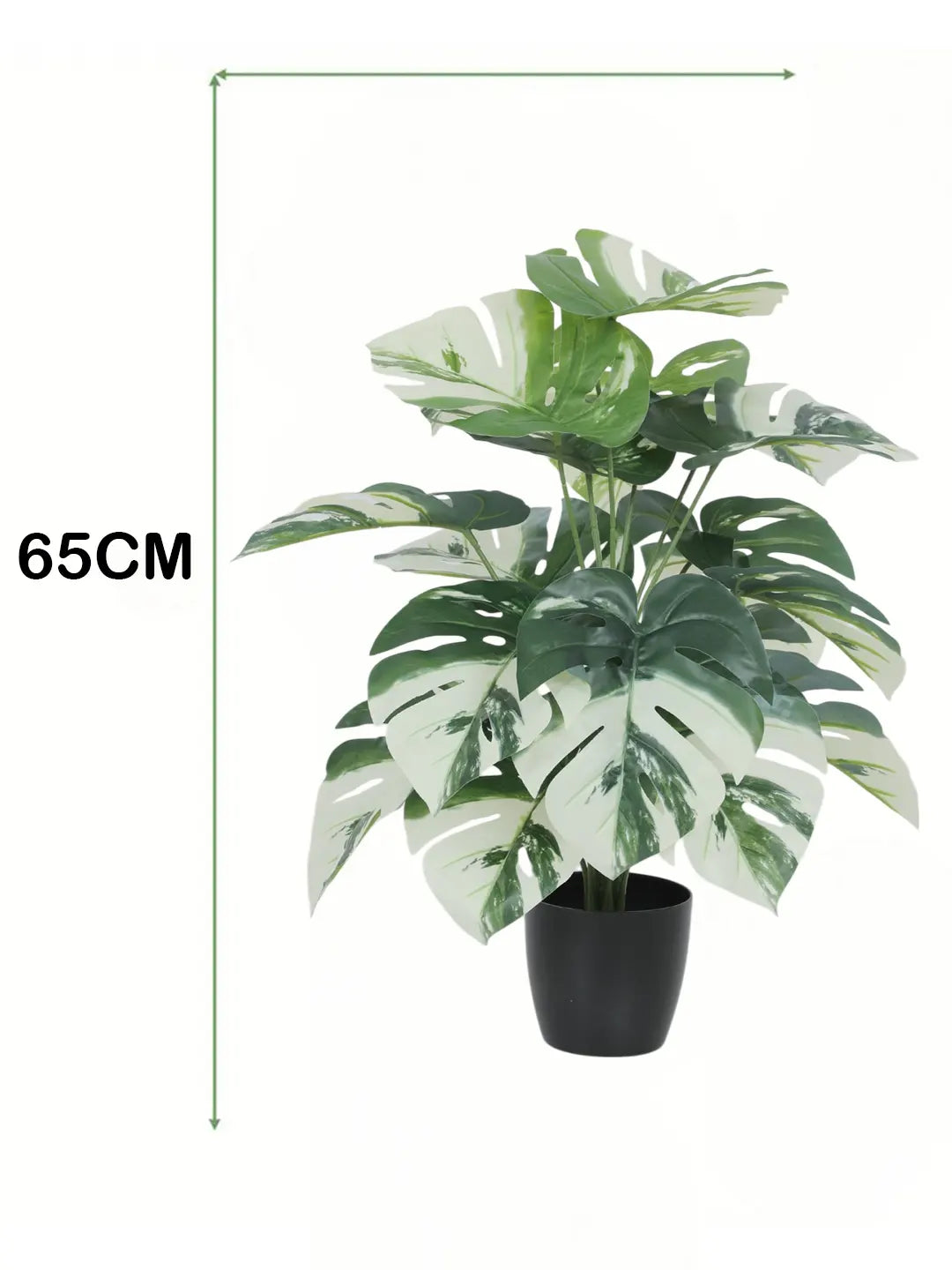 Artificial Monstera Leaf Plants for with Pot (18 Leaves, 65 cm Tall, Green/White)