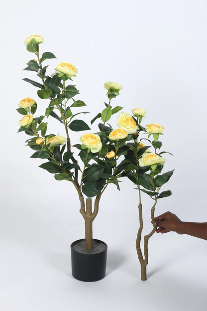 Artificial Yellow camellia Plant with Flowers - 95 cm Tall - Yellow/Green