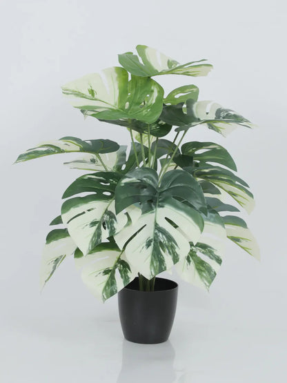Artificial Monstera Leaf Plants for with Pot (18 Leaves, 65 cm Tall, Green/White)
