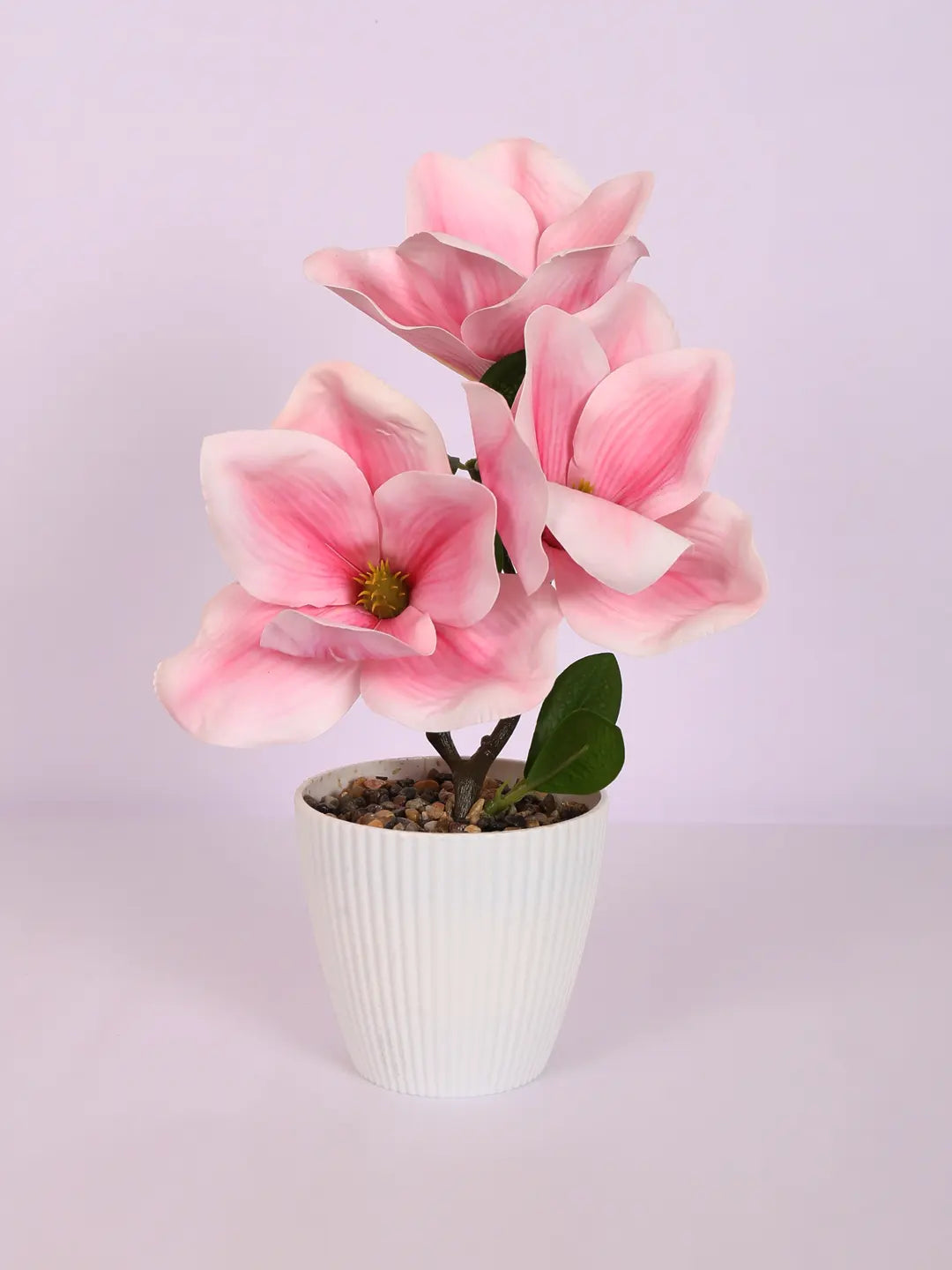 Artificial Real Touch Magnolia Flower With Pot (30 cm Tall, Light/Pink)