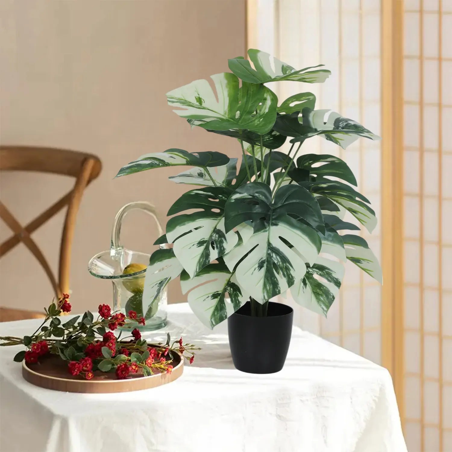 Artificial Monstera Leaf Plants for with Pot (18 Leaves, 65 cm Tall, Green/White)