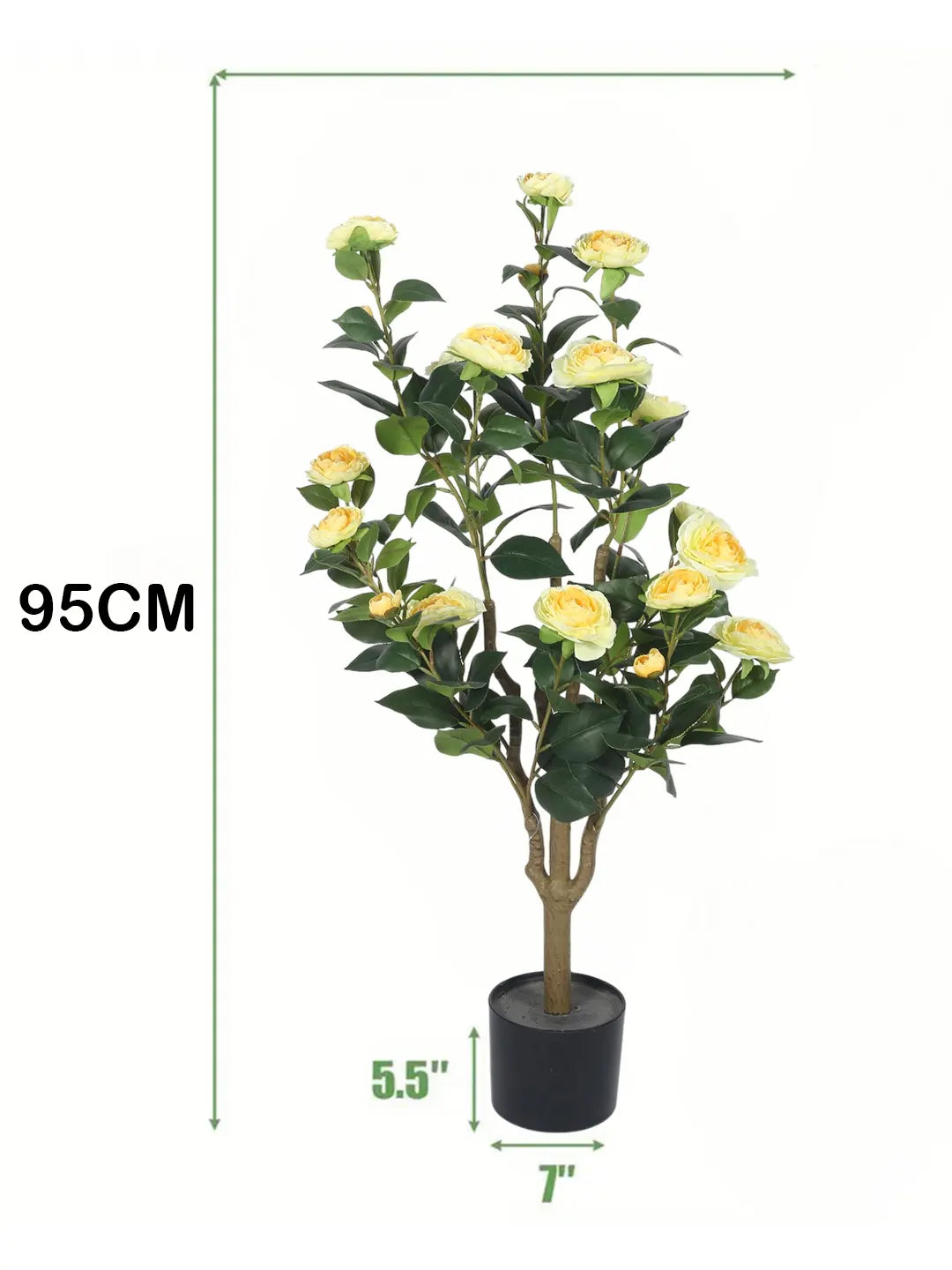 Artificial Yellow camellia Plant with Flowers - 95 cm Tall - Yellow/Green