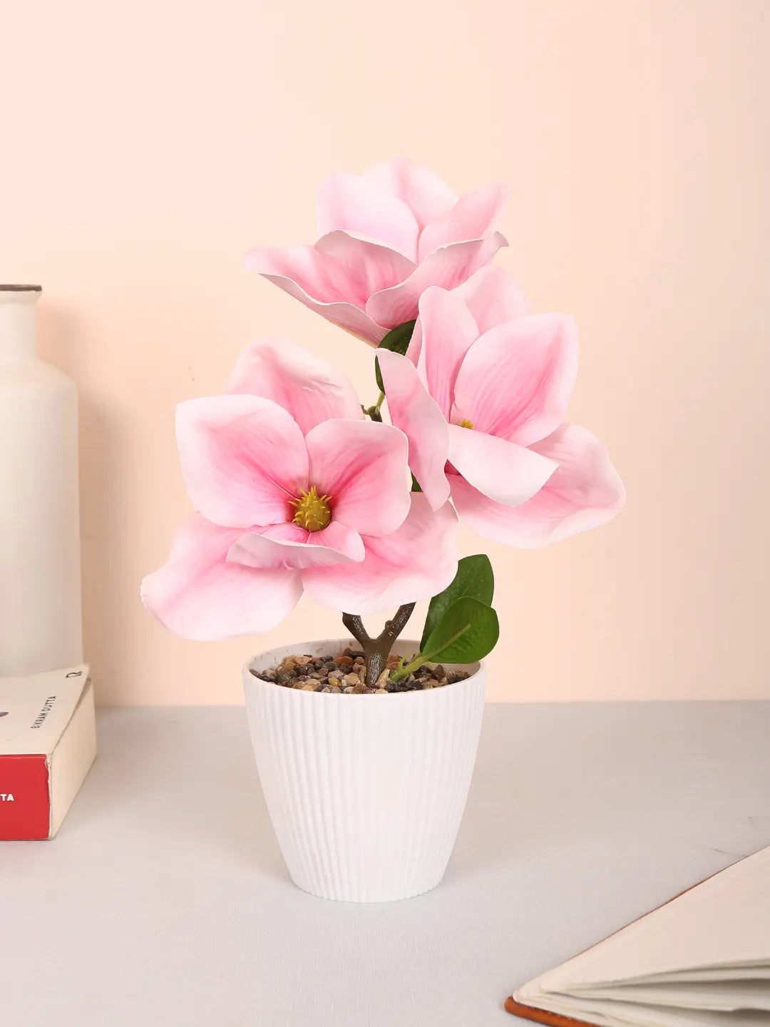 Artificial Real Touch Magnolia Flower With Pot (30 cm Tall, Light/Pink)