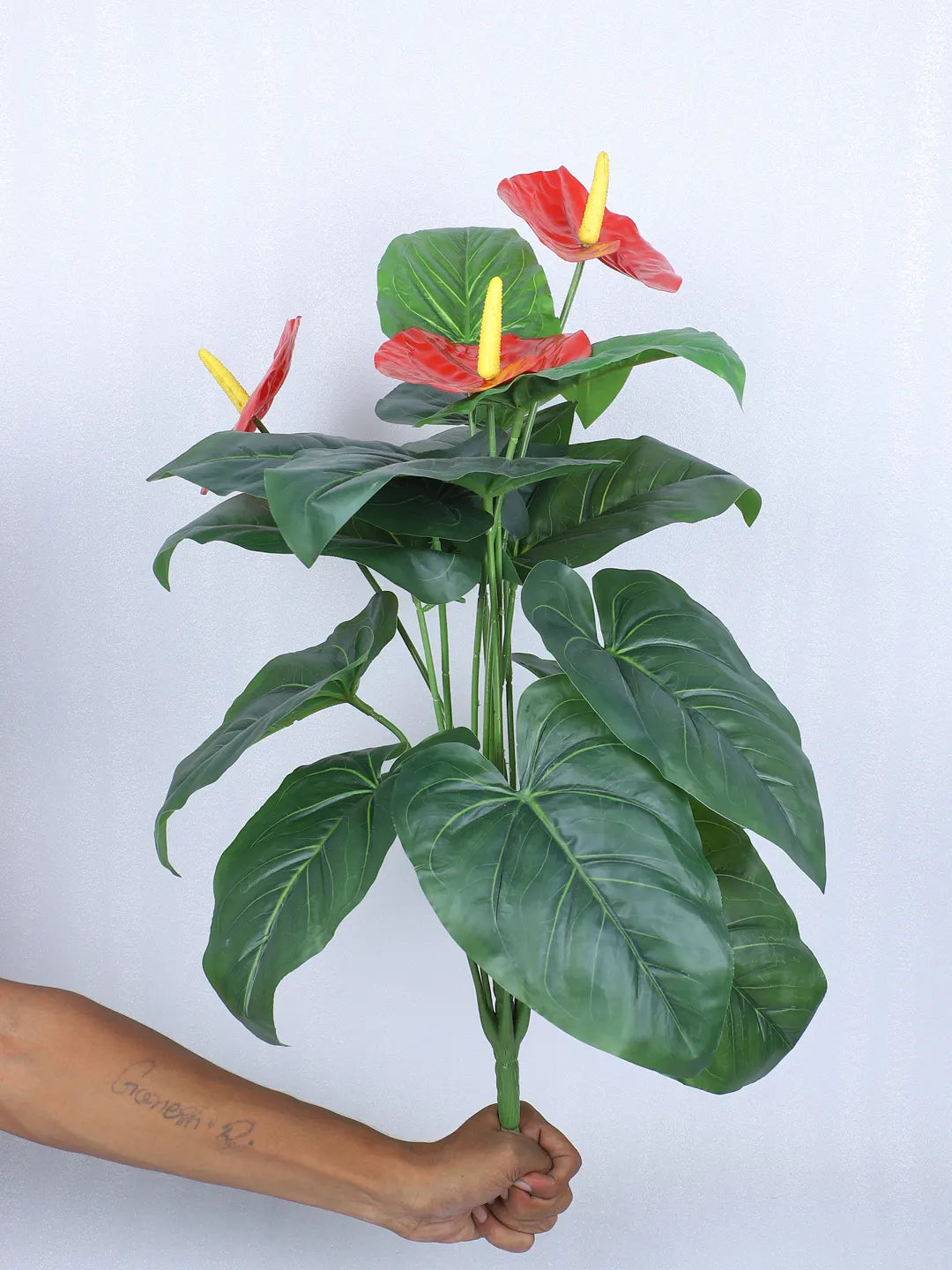 Artificial Anthurium Leaf Plants for with Pot (18 Leaves, 65 cm Tall, Red/Green)