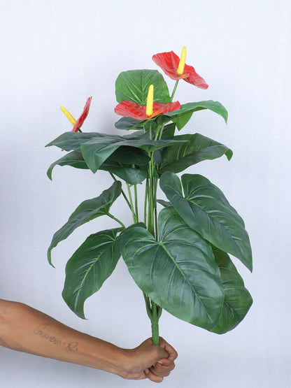 Artificial Anthurium Leaf Plants for with Pot (18 Leaves, 65 cm Tall, Red/Green)