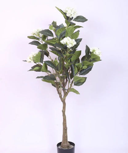 Artificial Hydrangea Bloom Plant with Basic Black Pot - 4.2 Feet Green/White