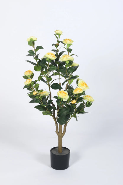 Artificial Yellow camellia Plant with Flowers - 95 cm Tall - Yellow/Green