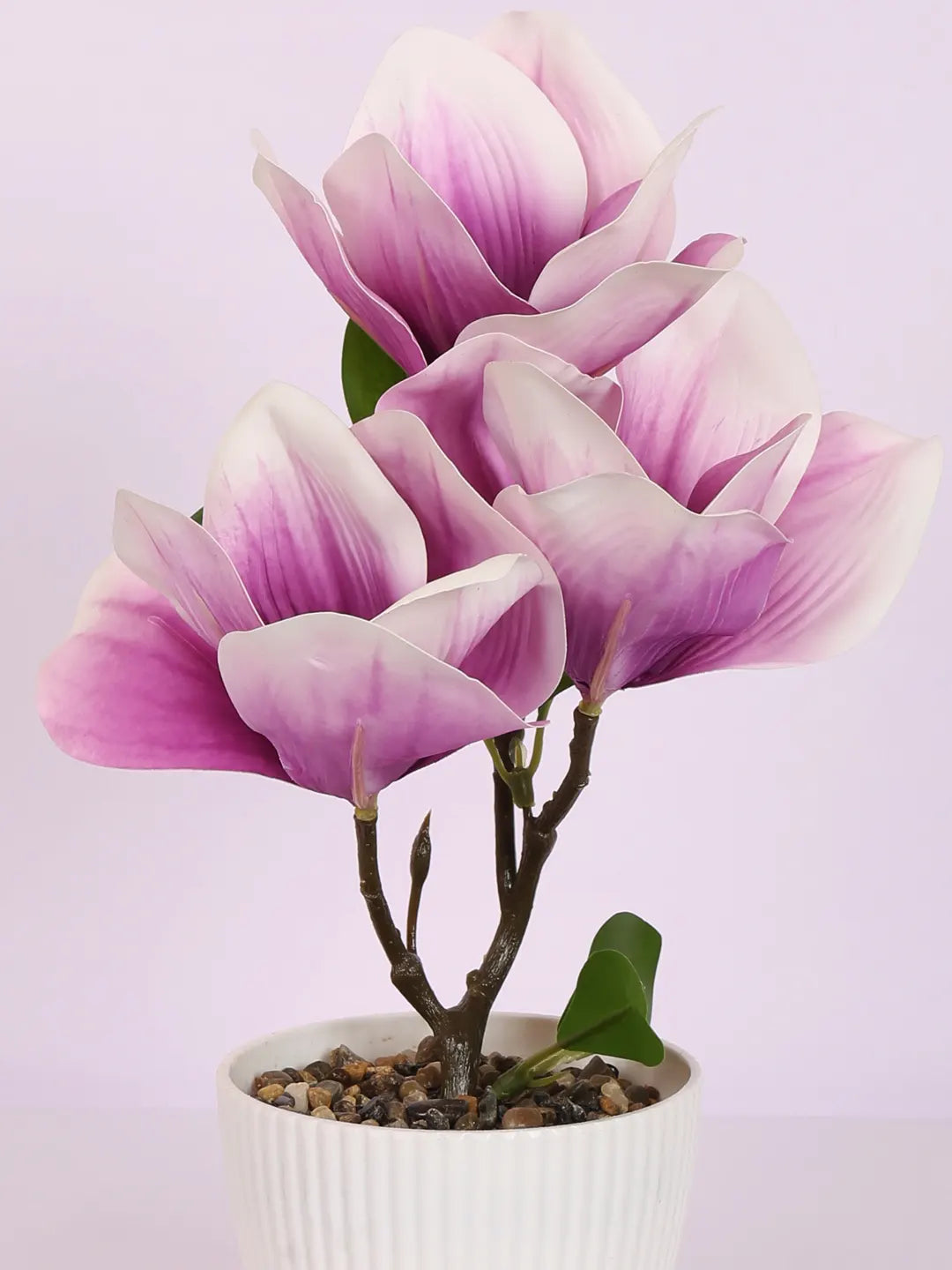 Artificial Real Touch Magnolia Flower With Pot (30 cm Tall, Light/Purple)