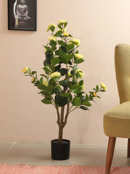 Artificial Yellow camellia Plant with Flowers - 95 cm Tall - Yellow/Green