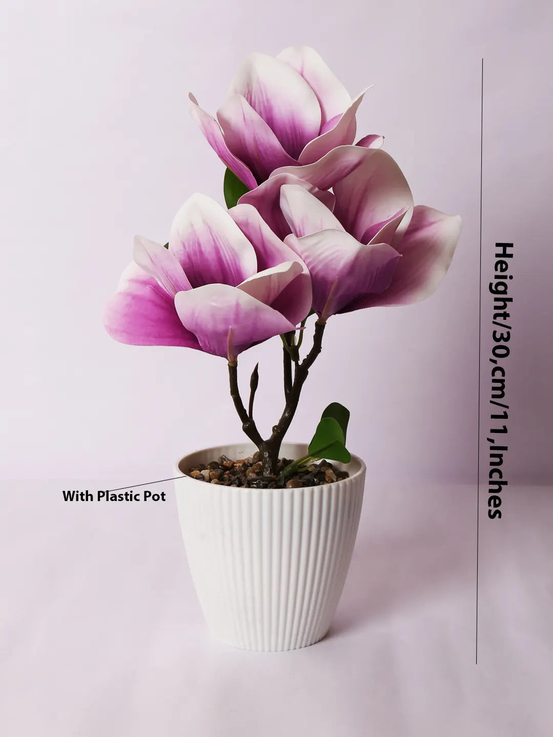 Artificial Real Touch Magnolia Flower With Pot (30 cm Tall, Light/Purple)