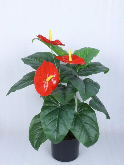 Artificial Anthurium Leaf Plants for with Pot (18 Leaves, 65 cm Tall, Red/Green)