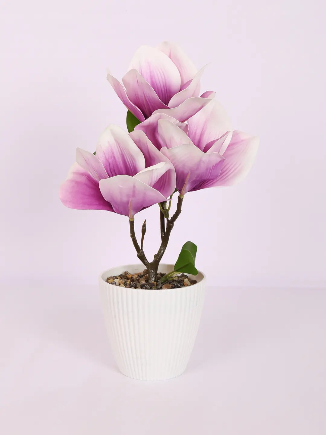 Artificial Real Touch Magnolia Flower With Pot (30 cm Tall, Light/Purple)
