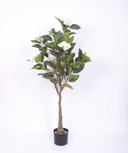 Artificial Hydrangea Bloom Plant with Basic Black Pot - 4.2 Feet Green/White