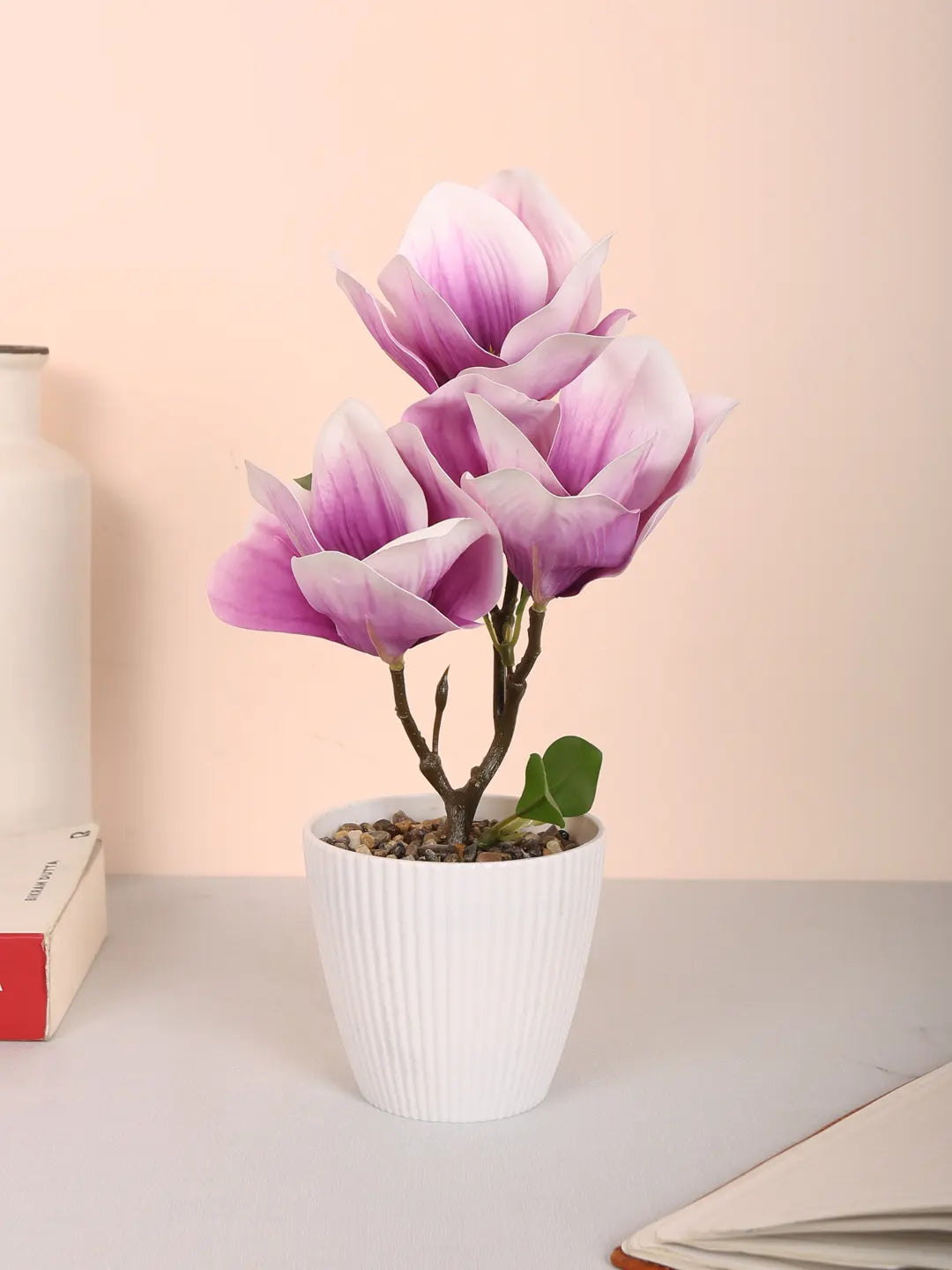 Artificial Real Touch Magnolia Flower With Pot (30 cm Tall, Light/Purple)