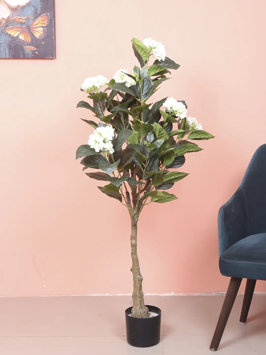 Artificial Hydrangea Bloom Plant with Basic Black Pot - 4.2 Feet Green/White