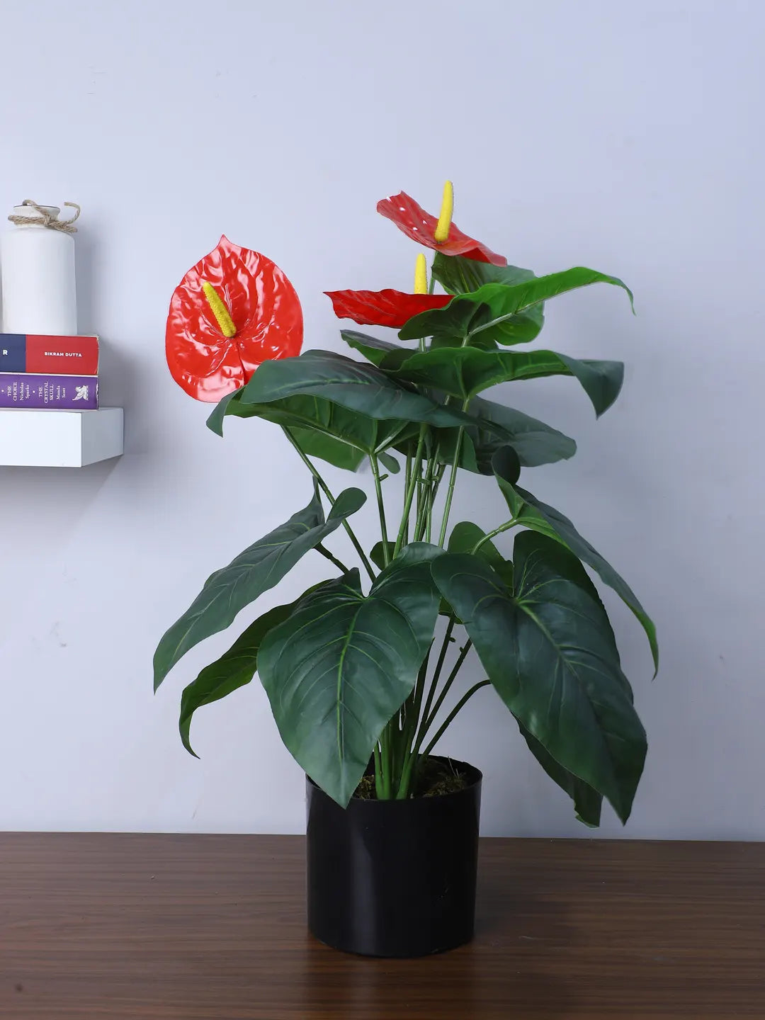Artificial Anthurium Leaf Plants for with Pot (18 Leaves, 65 cm Tall, Red/Green)