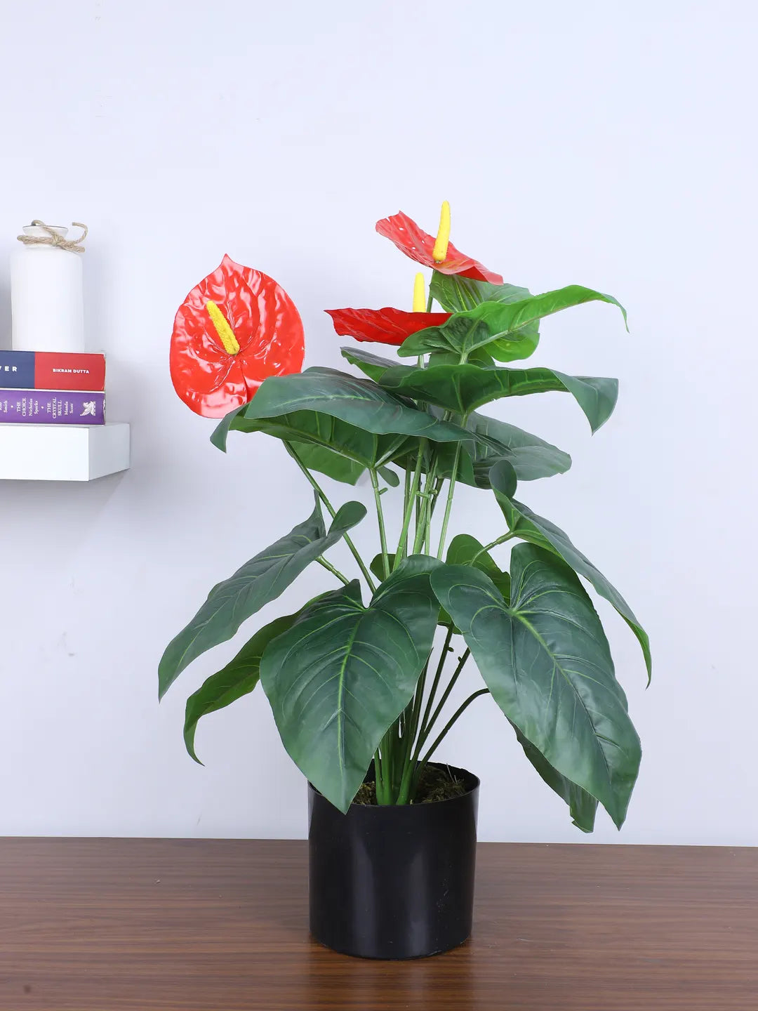 Artificial Anthurium Leaf Plants for with Pot (18 Leaves, 65 cm Tall, Red/Green)