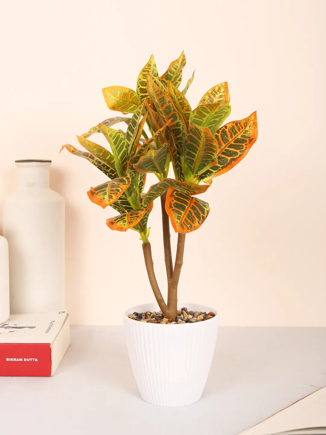 Artificial Ficus Bonsai Plant with Pot (30 cm Tall, Green/Red)