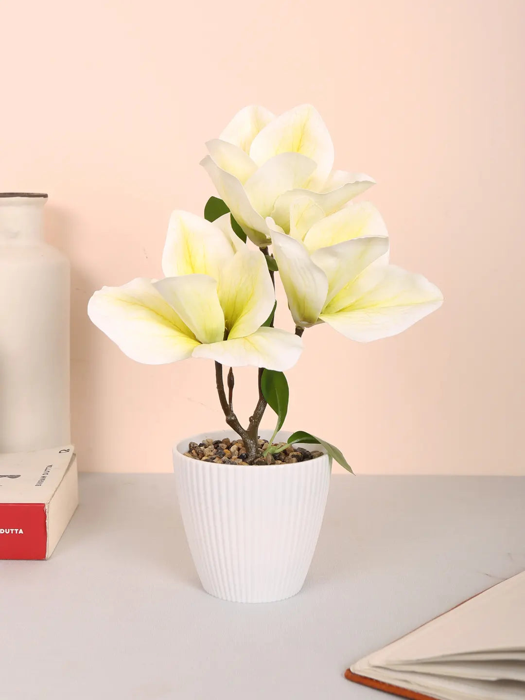 Artificial Real Touch Magnolia Flower With Pot (30 cm Tall, White)
