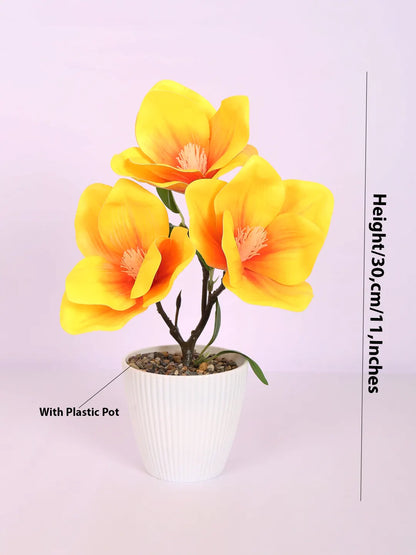 Artificial Real Touch Magnolia Flower With Pot (30 cm Tall, Yellow)
