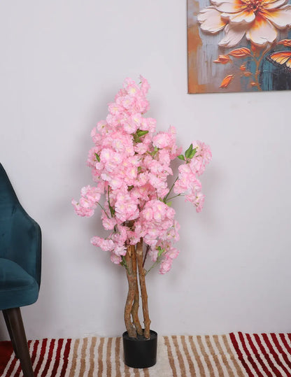 Artificial Pink Peach Blossom Flowers Plant For with Basic Black Pot- 100 cm tall - Pink