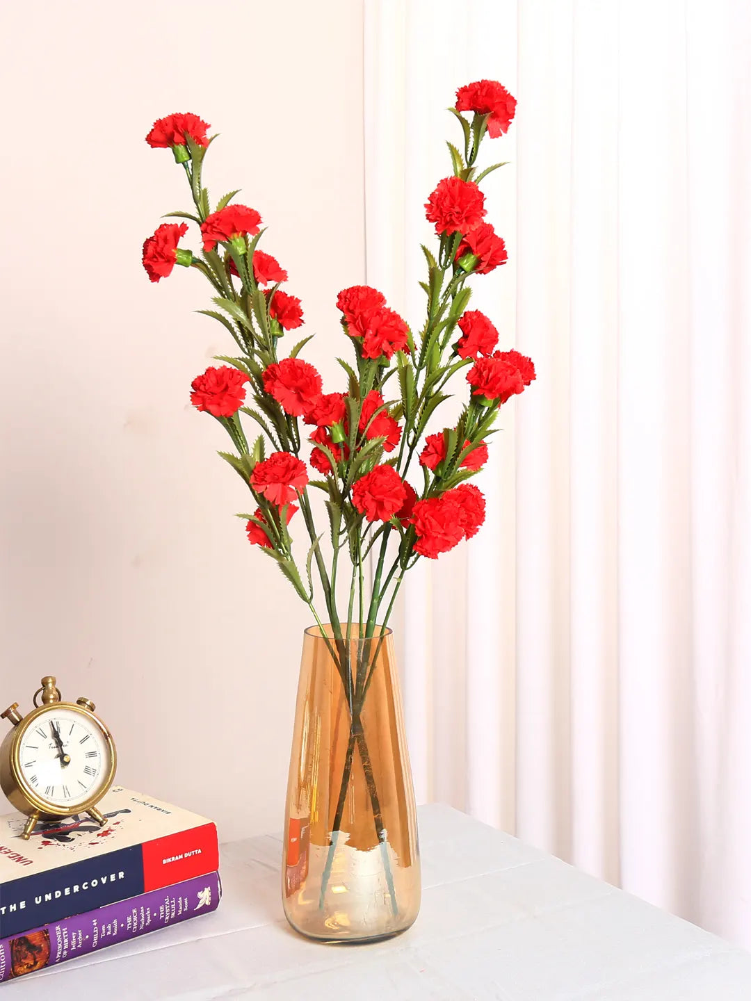Artificial Decorative Chrysanthemum Flower Stick for Home décor (15 Head Flower, Pack of 3, Red)