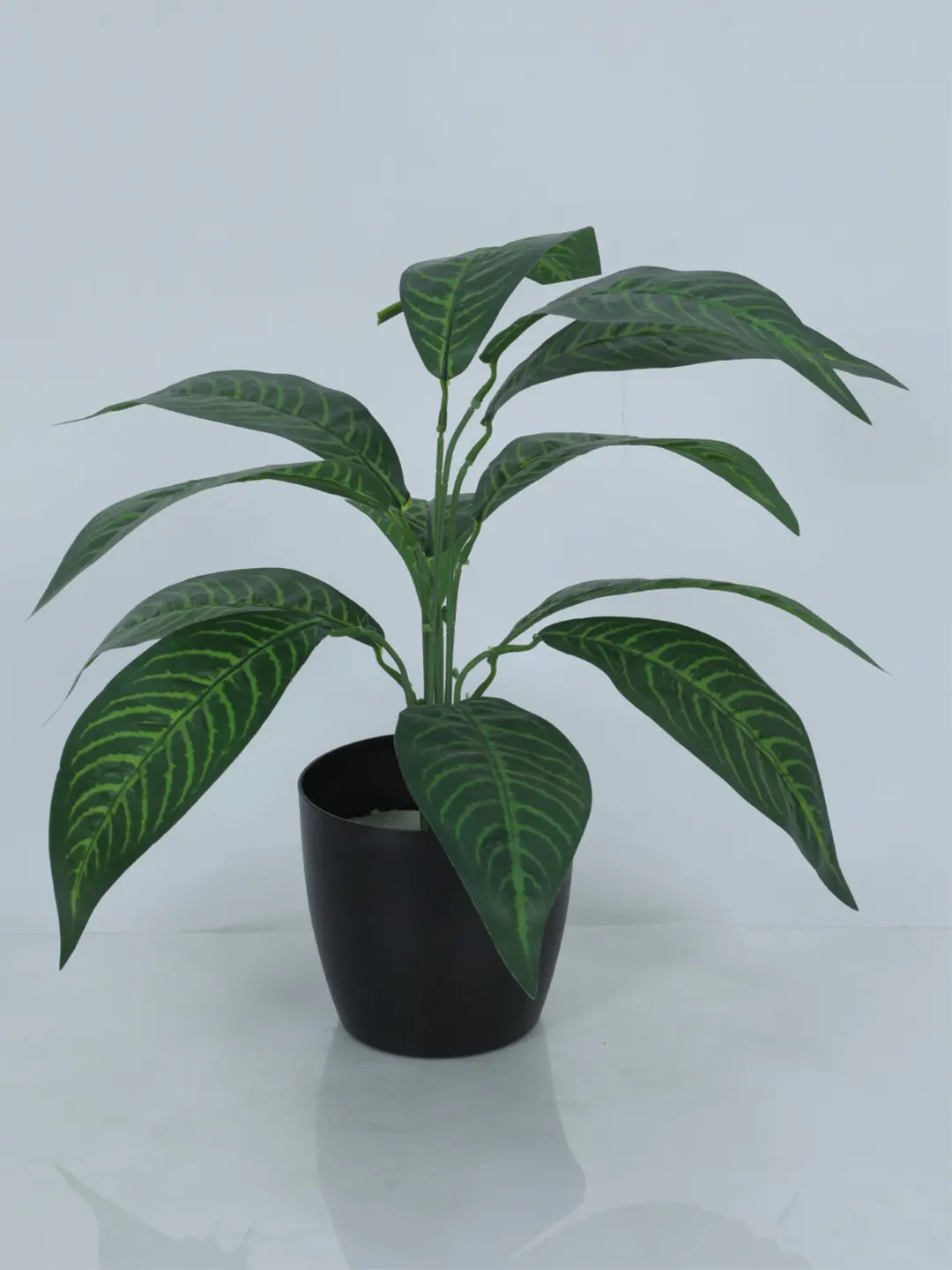 Artificial Green Iceton Croton Plant (12 Leaves with Basic Black Pot 45 Cm Tall)