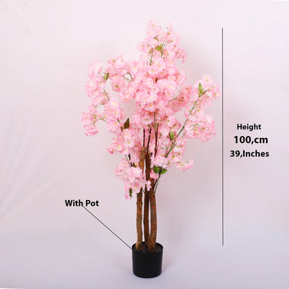 Artificial Pink Peach Blossom Flowers Plant For with Basic Black Pot- 100 cm tall - Pink