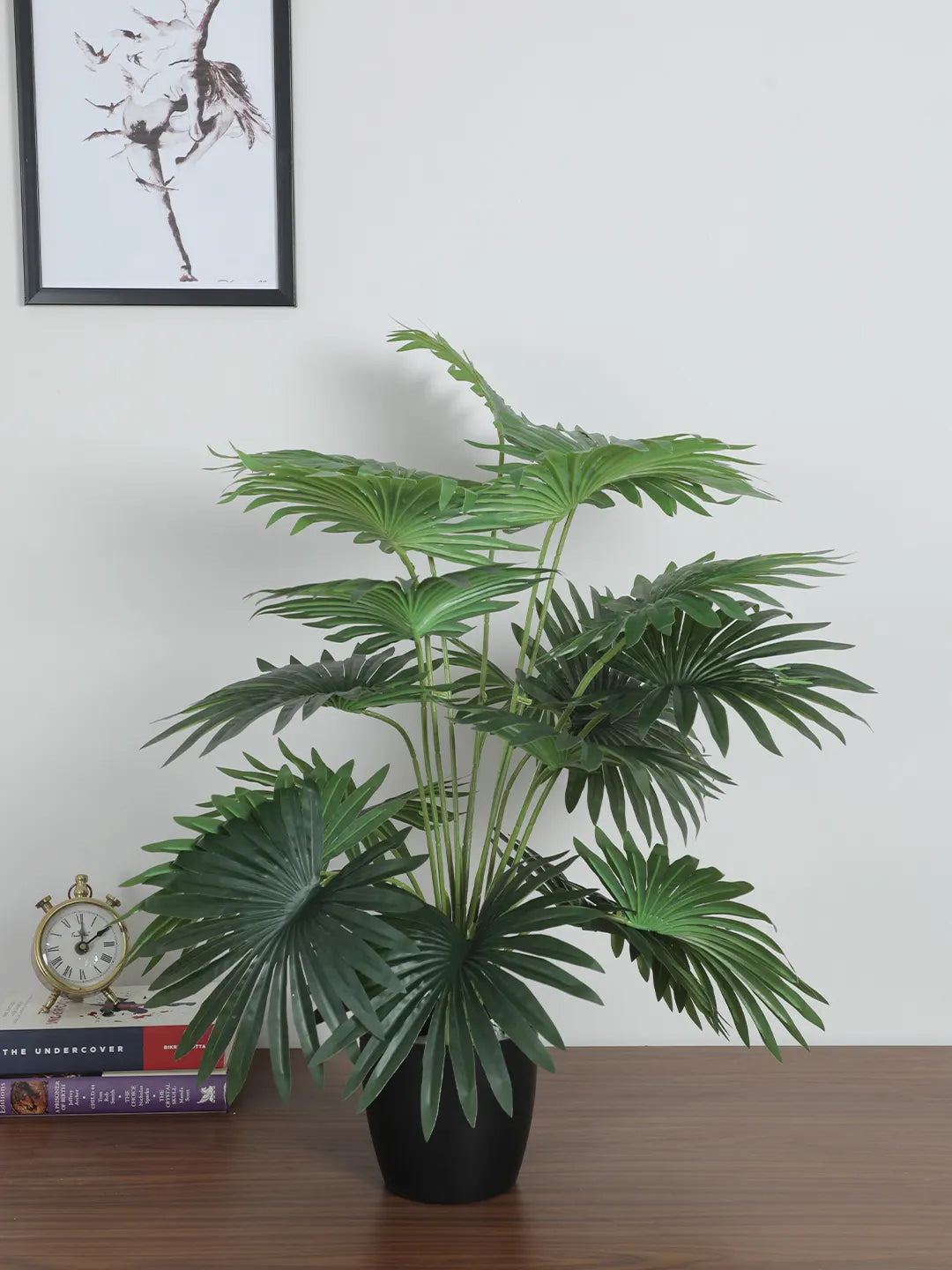 Artificial Fan Palm Leaf Plants for with Pot (18 Leaves, 65 cm Tall, Green)