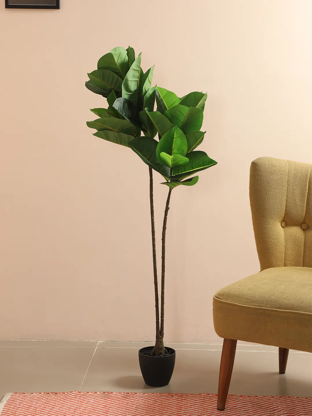 Artificial Leafy Rubber Plant with Basic Black Pot - 4 feet Green