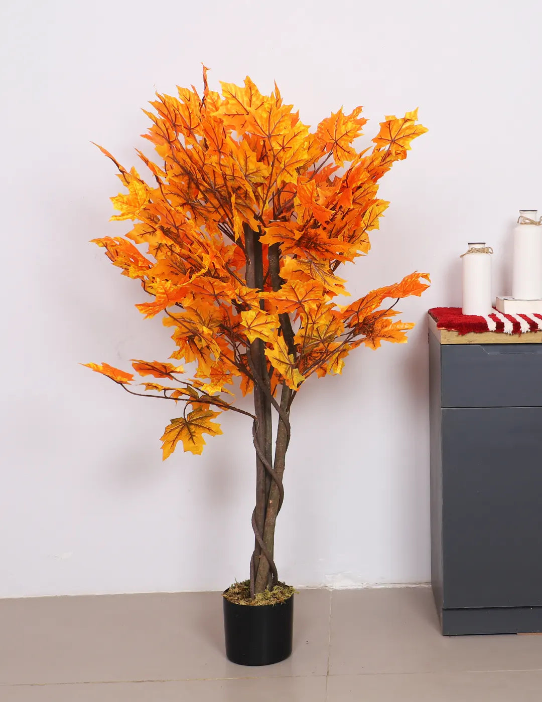 Artificial Maple Plant with Basic Black Pot - 130 cm Tall Orange
