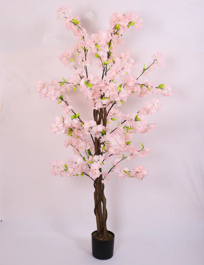 Artificial Pink Peach Blossom Flowers Plant For with Basic Black Pot- 5.5 Feet - Pink