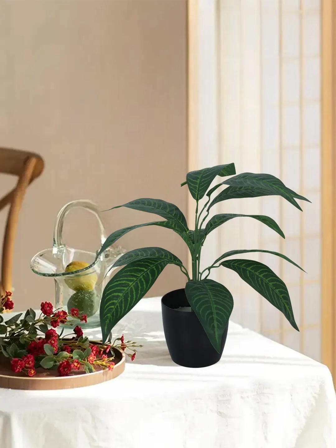 Artificial Green Iceton Croton Plant (12 Leaves with Basic Black Pot 45 Cm Tall)