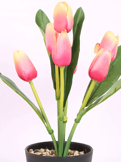 Artificial Mini Tulip Flower Bonsai Plant with Pot (32 cm Height, 7 Tulip Stems)