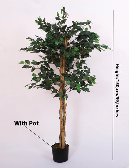 Artificial Green Dried Ficus Plant with Basic Black Pot - 5 Feet Tall Green Leaves