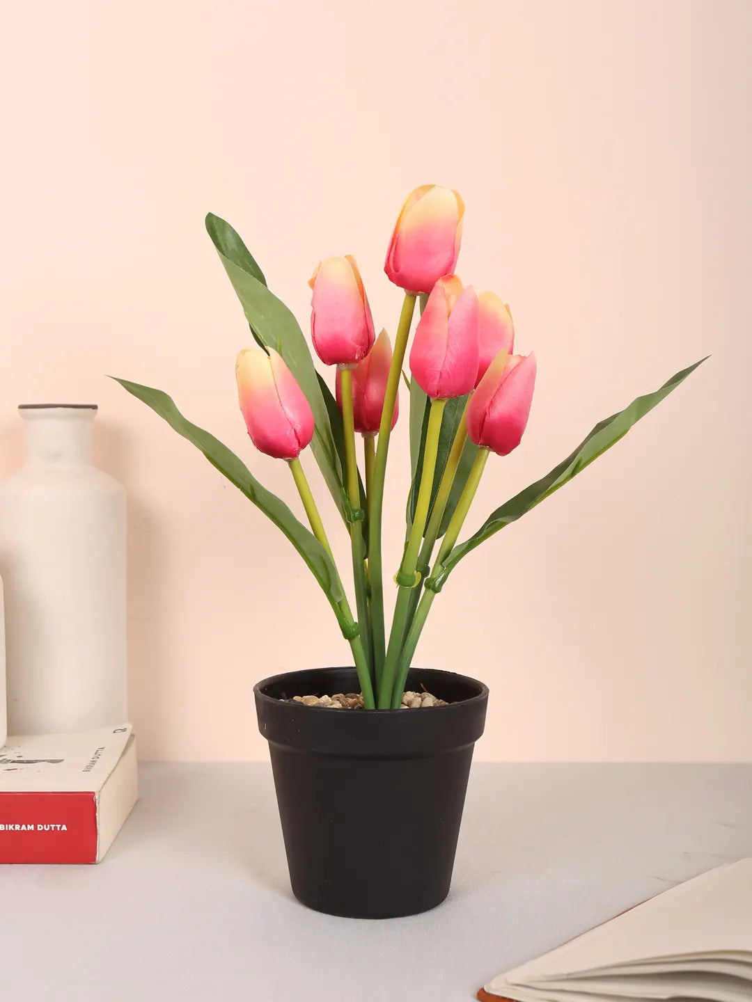 Artificial Mini Tulip Flower Bonsai Plant with Pot (32 cm Height, 7 Tulip Stems)