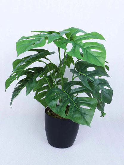 Artificial Miniature PVC Silk Monstera Leaf Green Floor Plant with Pot (12 Leaves, 55 cm Tall, Green)