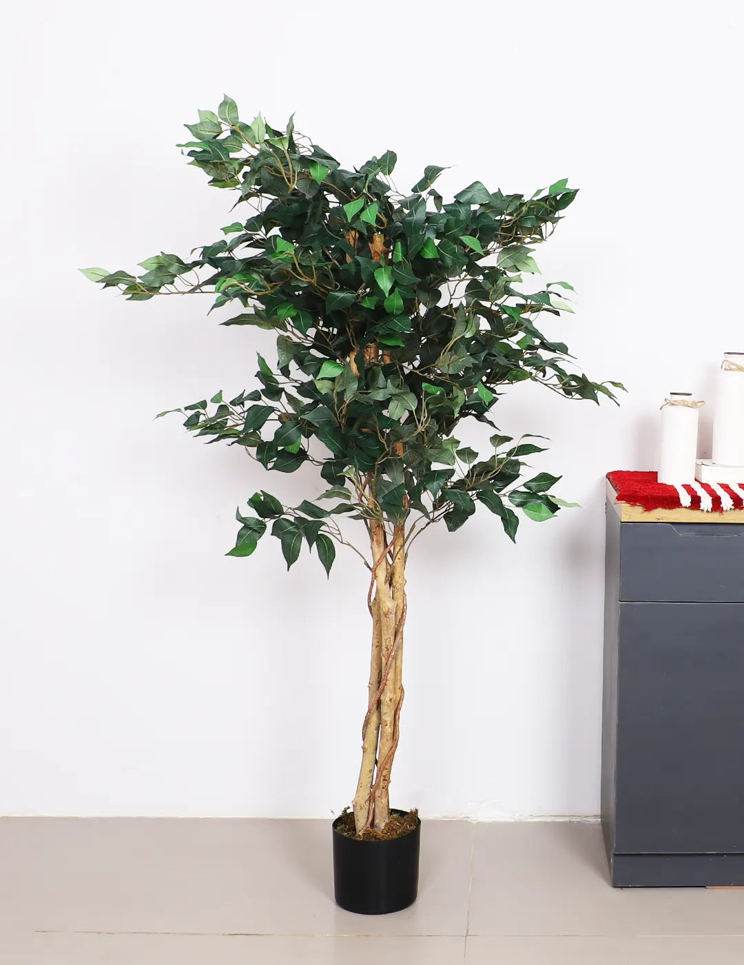 Artificial Green Dried Ficus Plant with Basic Black Pot - 5 Feet Tall Green Leaves