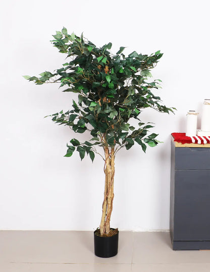 Artificial Green Dried Ficus Plant with Basic Black Pot - 5 Feet Tall Green Leaves