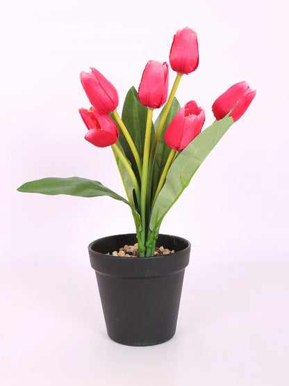 Artificial Mini Tulip Flower Bonsai Plant with Pot (32 cm Height, 7 Tulip Stems)