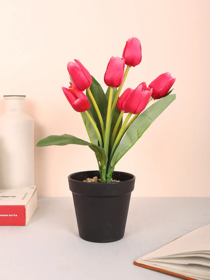 Artificial Mini Tulip Flower Bonsai Plant with Pot (32 cm Height, 7 Tulip Stems)